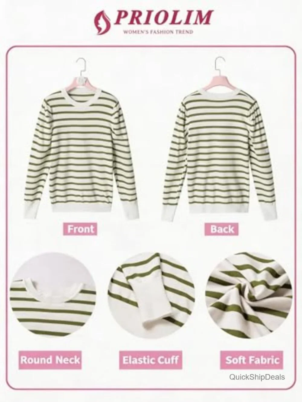 Striped Puff Long Sleeve Knit Pullover Sweater Women Casual Crew Neck